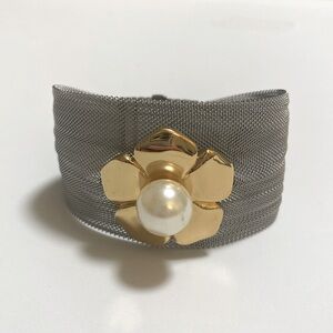 STEELTIME 18K Gold Plated Stainless Steel Mesh Faux Pearl Bracelet Sz 8 & Under
